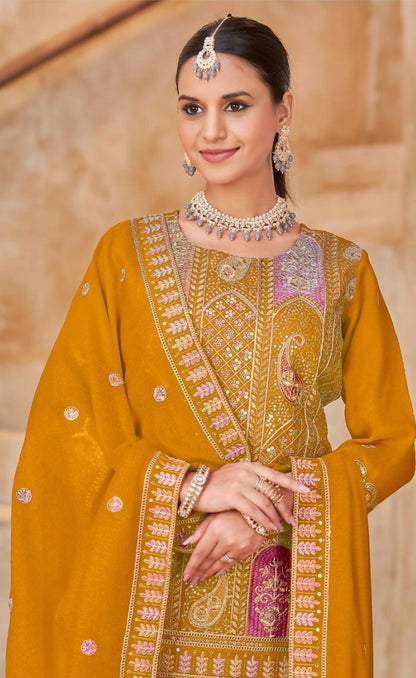 Anaita Mustard Vichitra Silk Readymade Suit with Embroidery & Lace Work