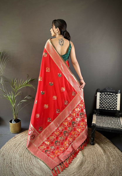Joban Fashion Red Elephant & Floral Motifs Soft Lichi Silk Banarasi Saree