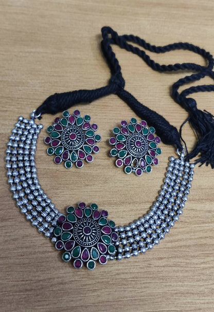 Mominos Fashion Johar Kamal Oxidised Silver-Plated Brass Finish Kundan Choker For Women (Multi)