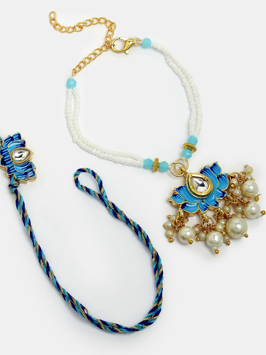 NVR Women & Men Set of 2 Blue Lotus Shape Kundan-Studded & Beaded Wraparound Rakhi Set With Roli Chawal & Chocolate
