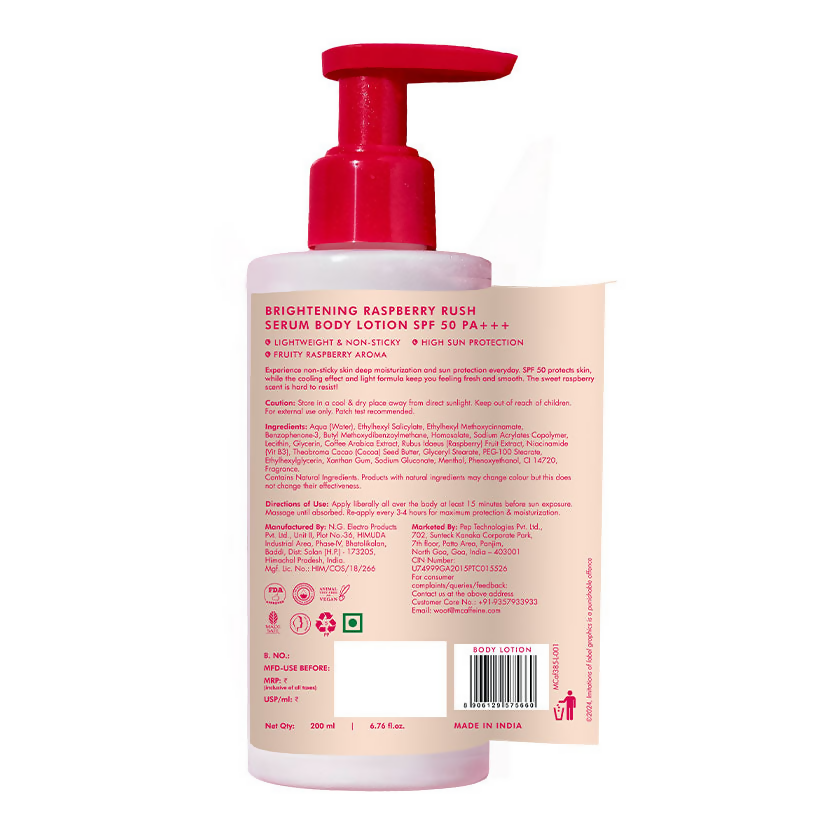 mCaffeine Brightening Raspberry Rush Serum Body Lotion SPF 50 PA+++