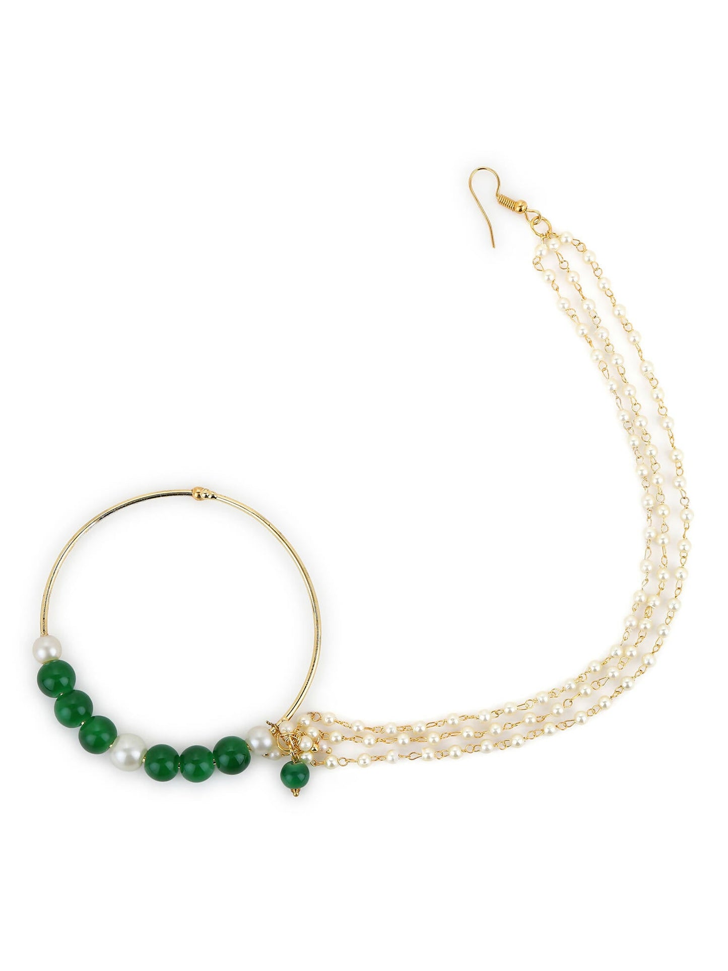 Gold-Polished White Green Stone-Studded Pearl Beaded Nosepin - Ruby Raang