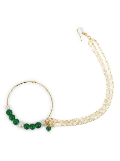 Gold-Polished White Green Stone-Studded Pearl Beaded Nosepin - Ruby Raang