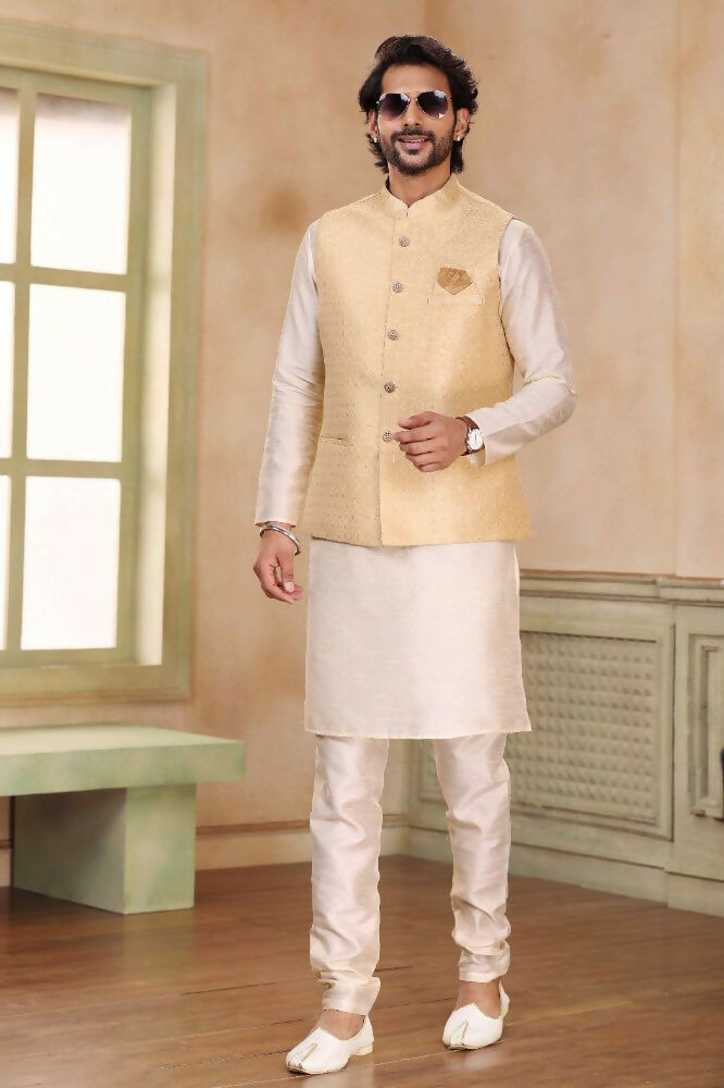 Raivat Ethnic Jacquard Banarasi Silk Woven Work 3 Pics Jacket Set In Beige Colour