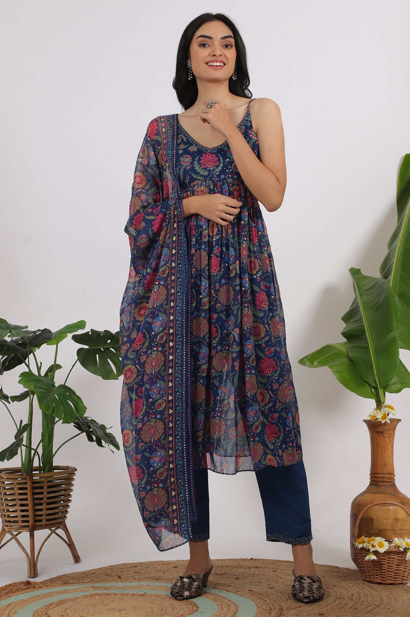 W for Woman Blue Floral Printed Chiffon Spaghetti Kurta, Pants and Dupatta Set
