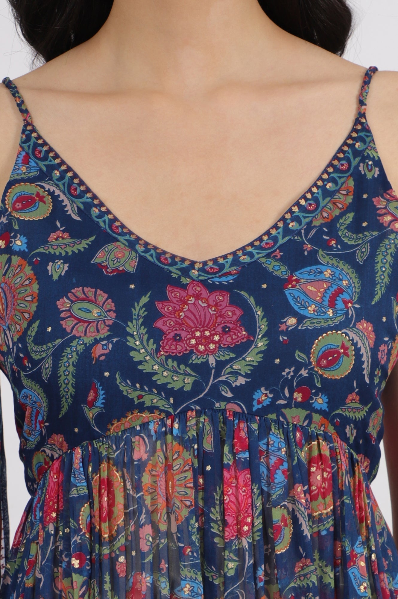 W for Woman Blue Floral Printed Chiffon Spaghetti Kurta, Pants and Dupatta Set