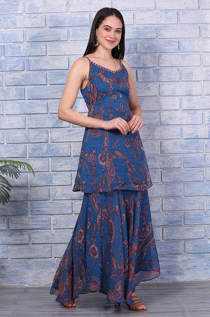W for Woman Blue Paisley Printed Chiffon Spaghetti Flared Short Kurta, Sharara and Dupatta Set