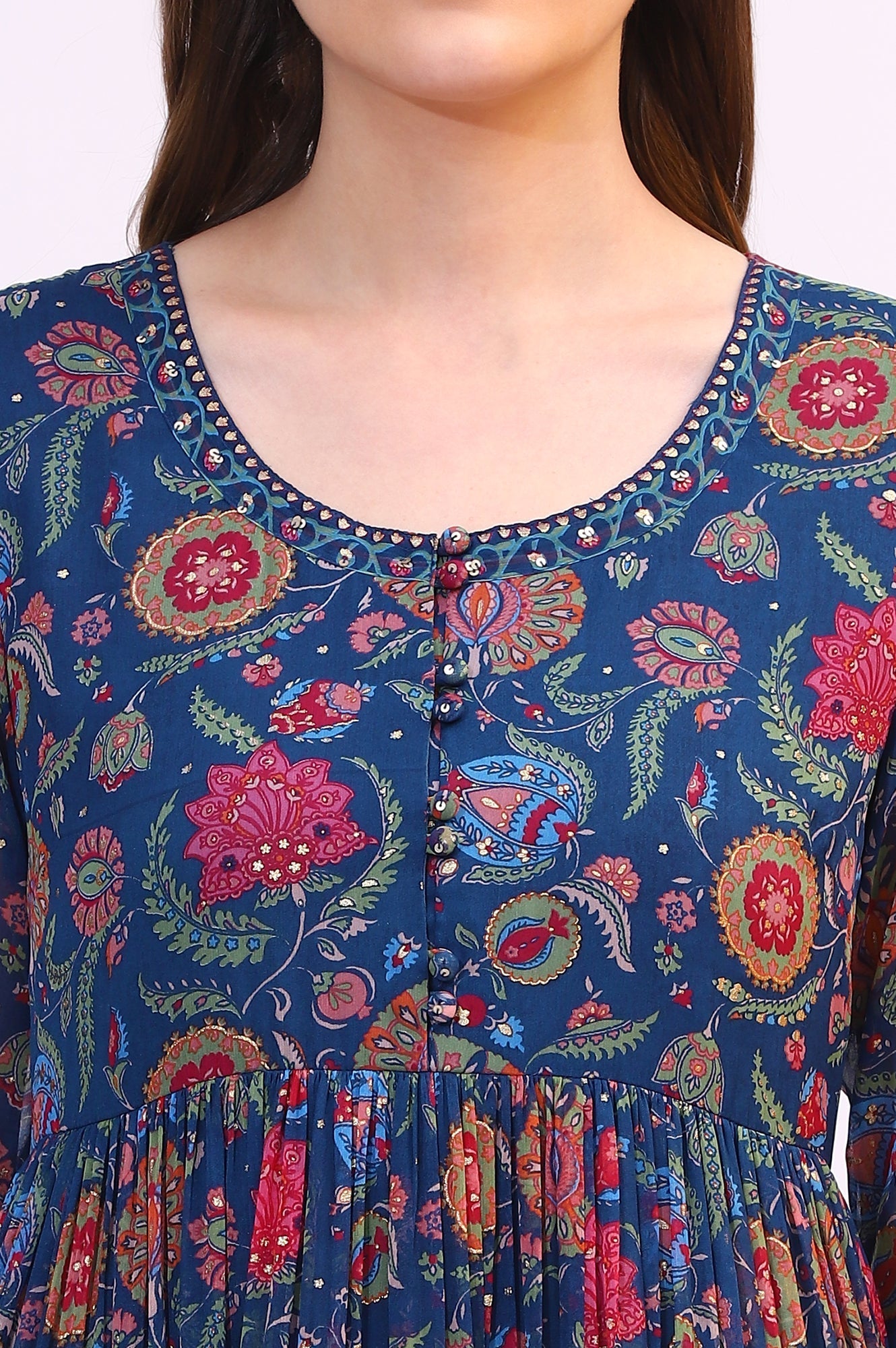 W for Woman Blue Chintz Floral Printed Chiffon Anarkali Kurta, Straight Pants and Dupatta Set