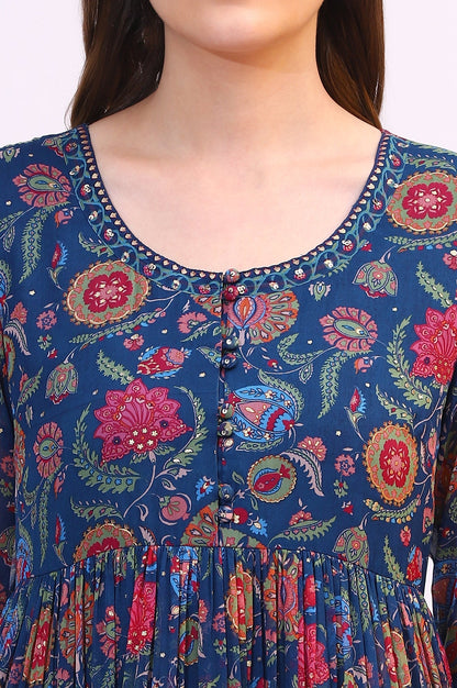 W for Woman Blue Chintz Floral Printed Chiffon Anarkali Kurta, Straight Pants and Dupatta Set