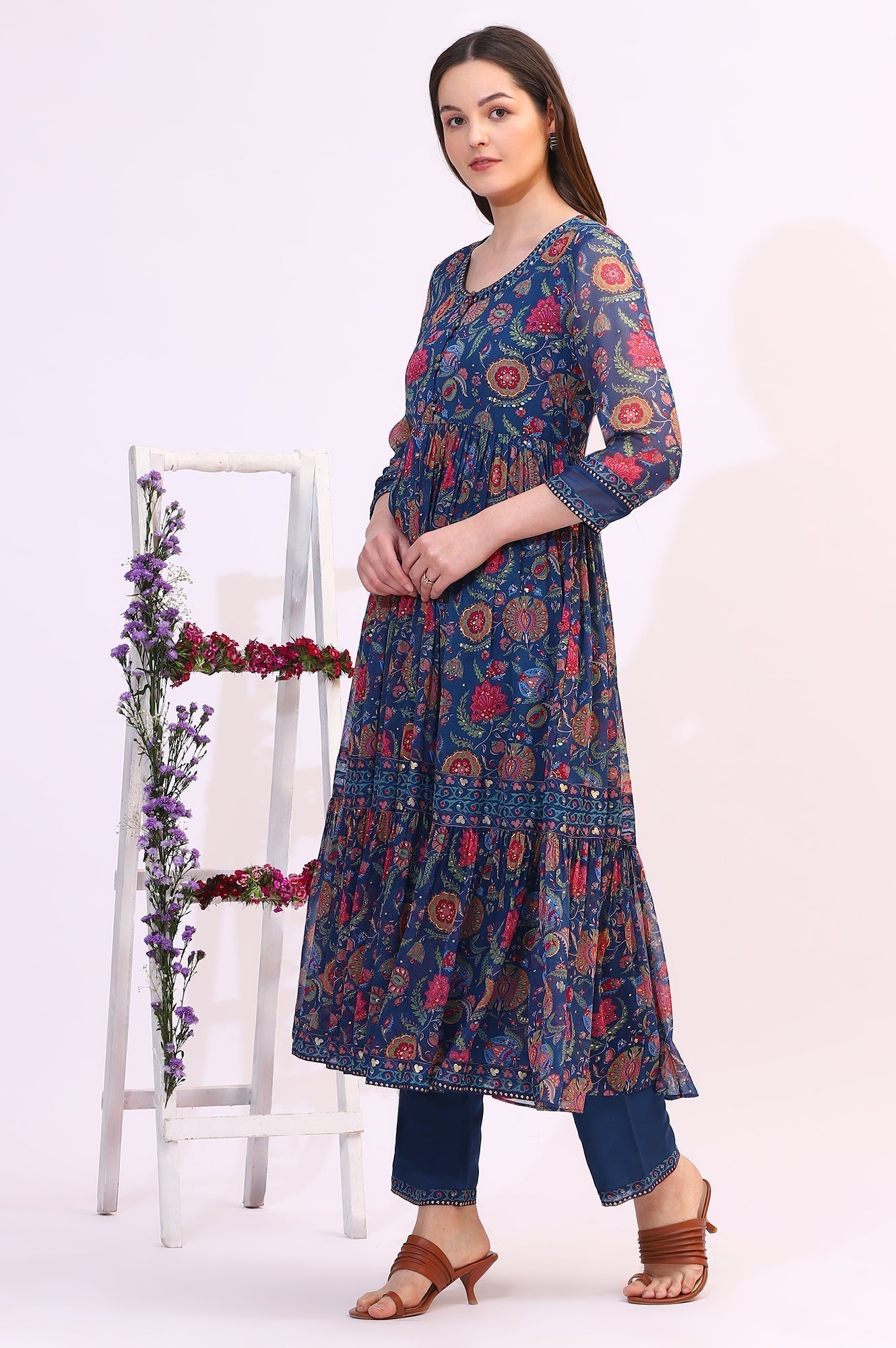W for Woman Blue Chintz Floral Printed Chiffon Anarkali Kurta, Straight Pants and Dupatta Set
