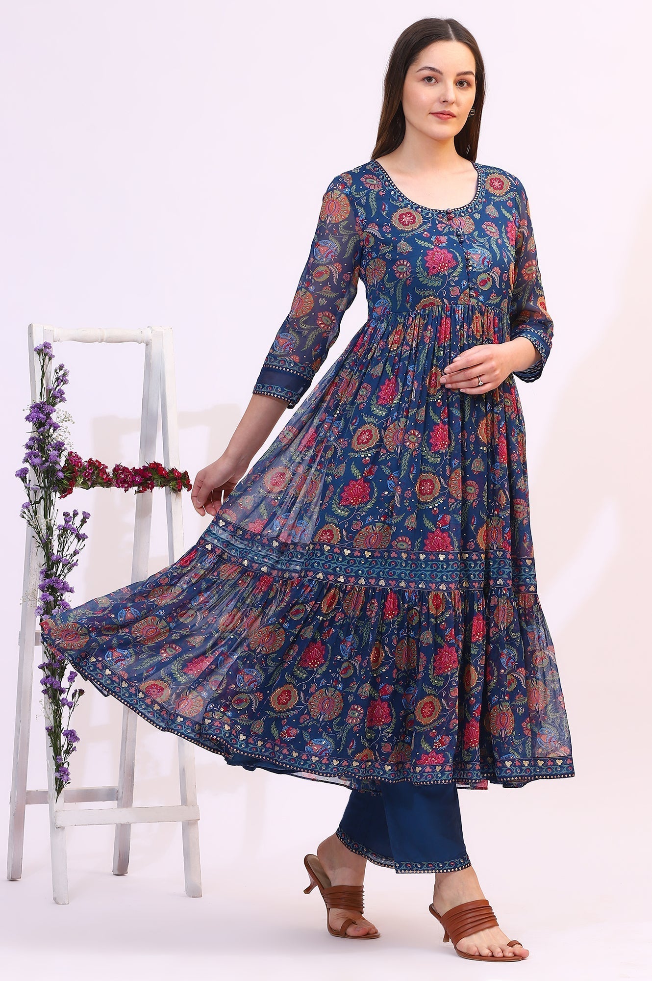 W for Woman Blue Chintz Floral Printed Chiffon Anarkali Kurta, Straight Pants and Dupatta Set