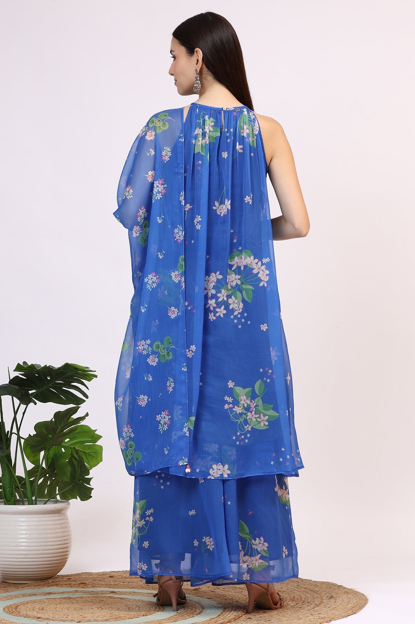 W for Woman Blue Floral Printed Halter Neck Chiffon Kurta with Flared Pants and Dupatta Set