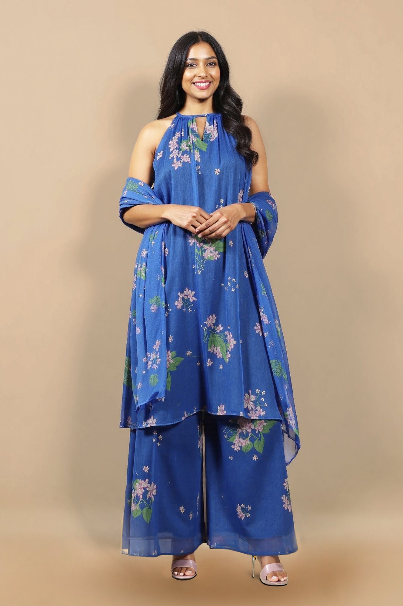 W for Woman Blue Floral Printed Halter Neck Chiffon Kurta with Flared Pants and Dupatta Set