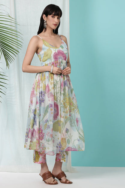 W for Woman Light Blue Floral Printed Sleeveless Chiffon Kurta with Pants and Dupatta Set