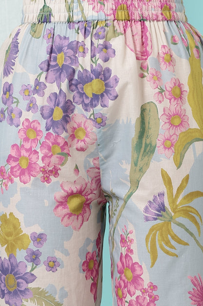 W for Woman Light Blue Floral Printed Sleeveless Chiffon Kurta with Pants and Dupatta Set