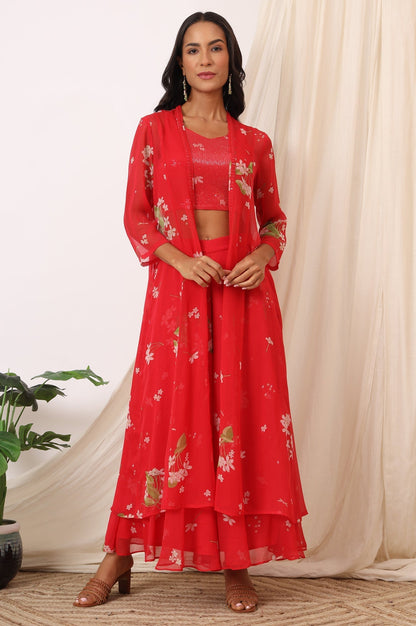 W for Woman Red Floral Printed Chiffon Jacket, Crop Top and Culottes Set
