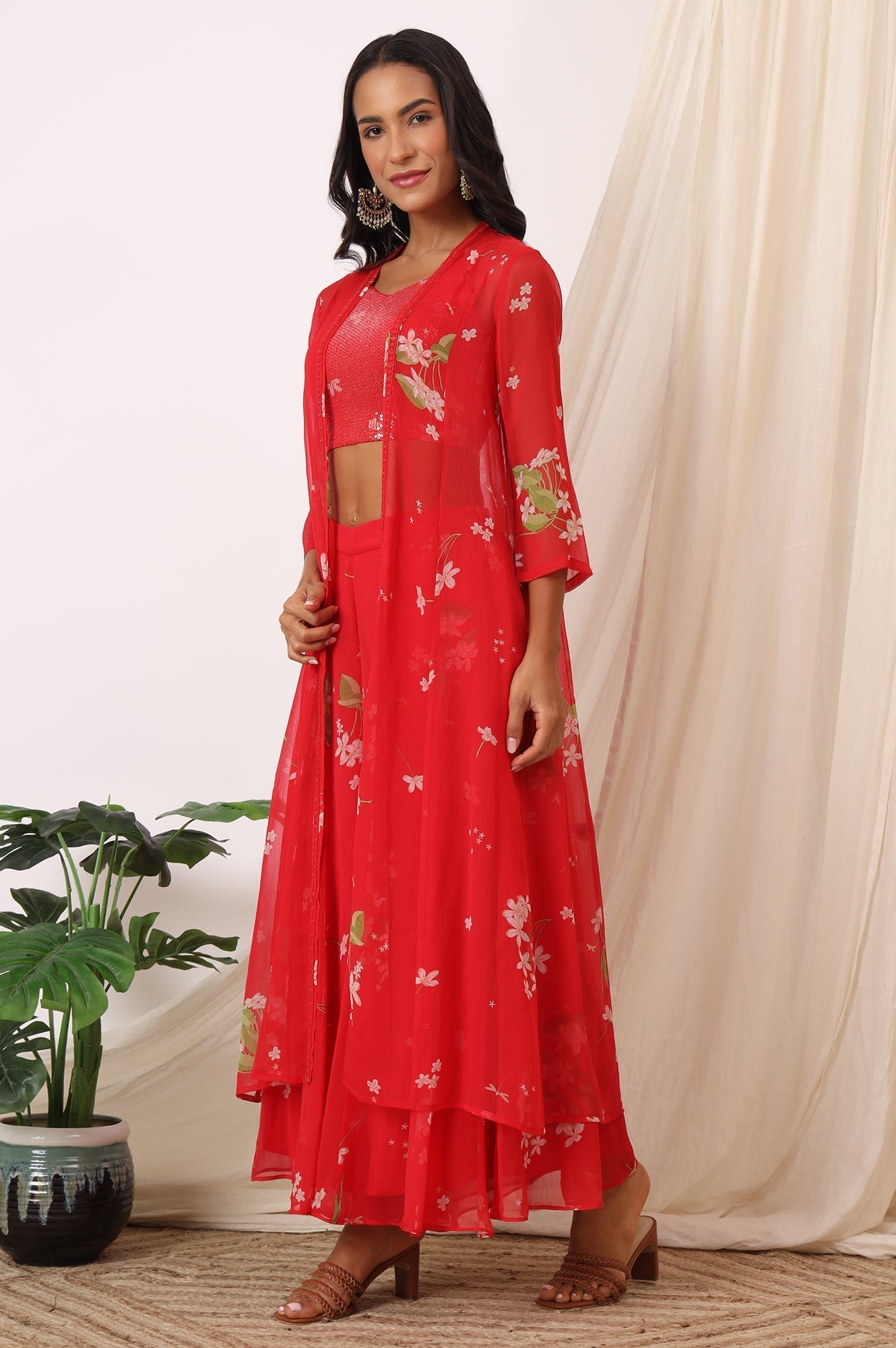 W for Woman Red Floral Printed Chiffon Jacket, Crop Top and Culottes Set