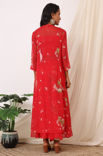 W for Woman Red Floral Printed Chiffon Jacket, Crop Top and Culottes Set