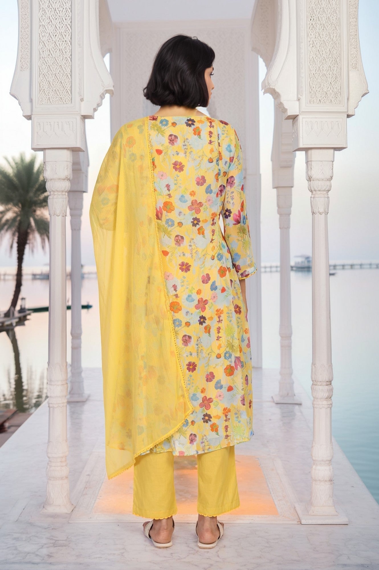 W for Woman Yellow Floral Print Lace Trim Flared Chiffon Kurta with Pant and Dupatta Set