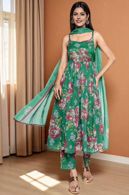 W for Woman Green Printed Chiffon Flared Kurta, Straight Pant and Dupatta Set