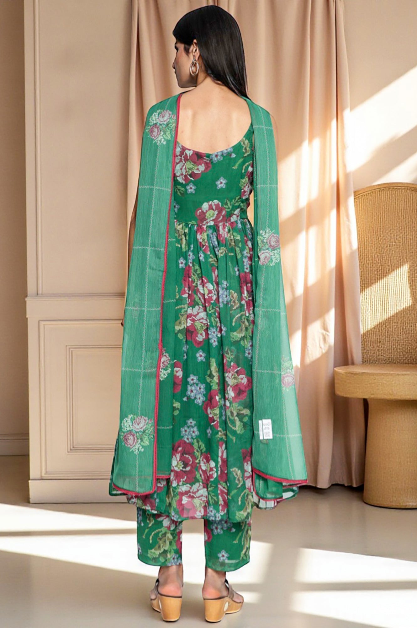 W for Woman Green Printed Chiffon Flared Kurta, Straight Pant and Dupatta Set