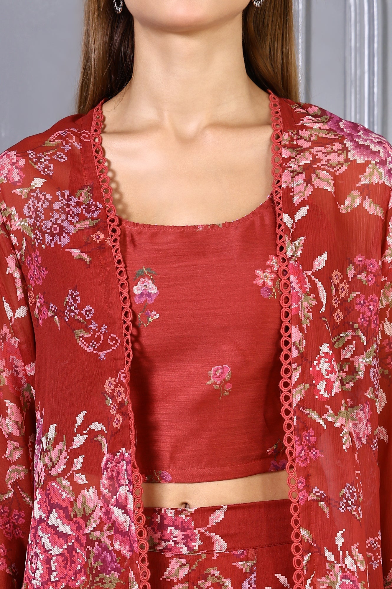 W for Woman Red Floral Printed Lace Chiffon Crop Spaghetti Top, Jacket and Flared Pants Set