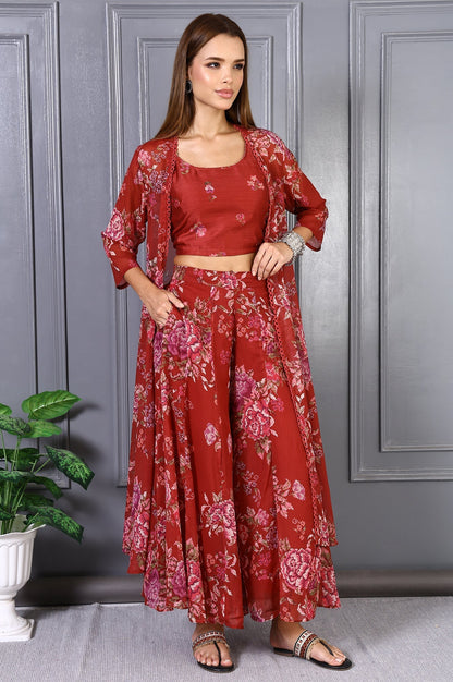 W for Woman Red Floral Printed Lace Chiffon Crop Spaghetti Top, Jacket and Flared Pants Set