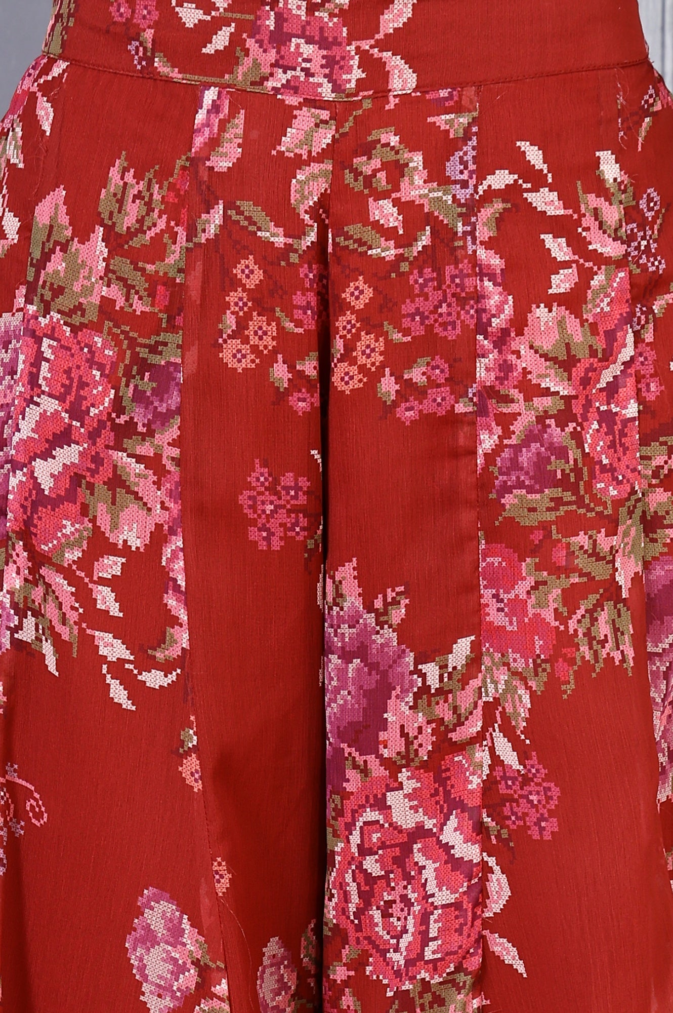 W for Woman Red Floral Printed Lace Chiffon Crop Spaghetti Top, Jacket and Flared Pants Set