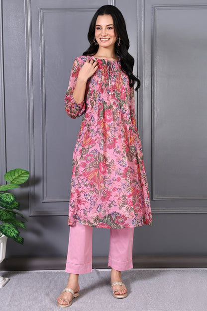 W for Woman Pink Floral Printed Pintuck Yoke Chiffon Straight Kurta and Pants Co-ord Set