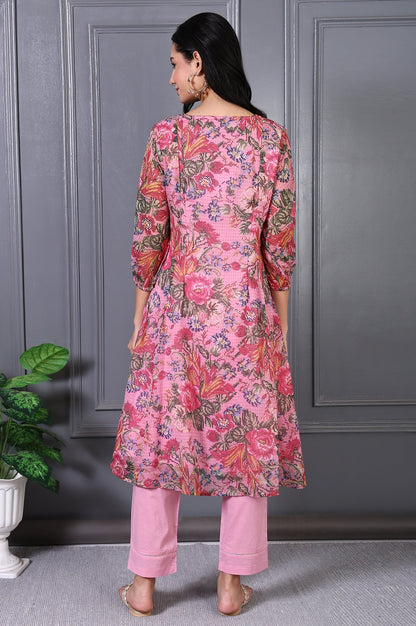 W for Woman Pink Floral Printed Pintuck Yoke Chiffon Straight Kurta and Pants Co-ord Set