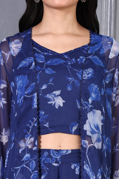 W for Woman Blue Floral Printed Beads Chiffon Flared Crop Top, Jacket and Flared Pants Set