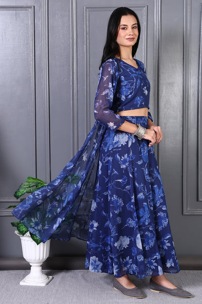 W for Woman Blue Floral Printed Beads Chiffon Flared Crop Top, Jacket and Flared Pants Set