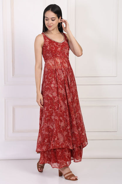 W for Woman Red Floral Printed Lace Trim Anarkali Chiffon Kurta with Flared Pant and Dupatta Set