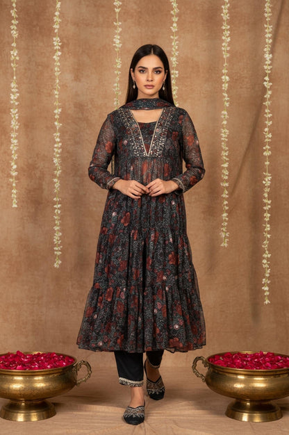 W for Woman Black Floral Embroidered Anarkali Chiffon Kurta with Straight Pant Set