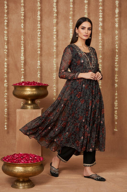 W for Woman Black Floral Embroidered Anarkali Chiffon Kurta with Straight Pant Set