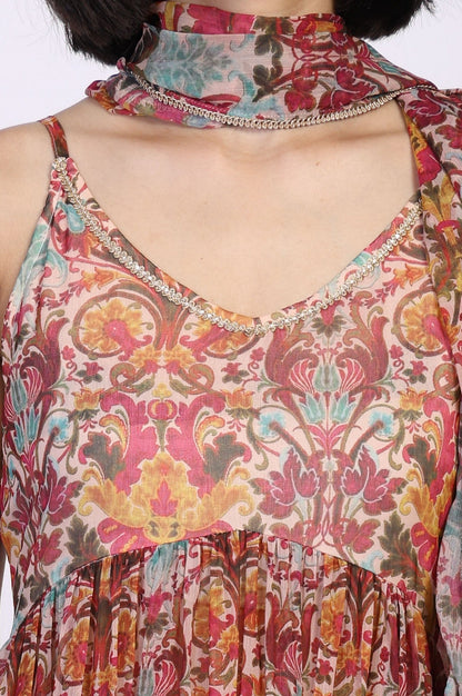 W for Woman White Floral Printed Tape Detail Flared Chiffon Kurta with Pant and Dupatta Set