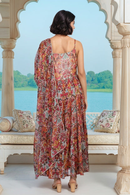 W for Woman White Floral Printed Tape Detail Flared Chiffon Kurta with Pant and Dupatta Set