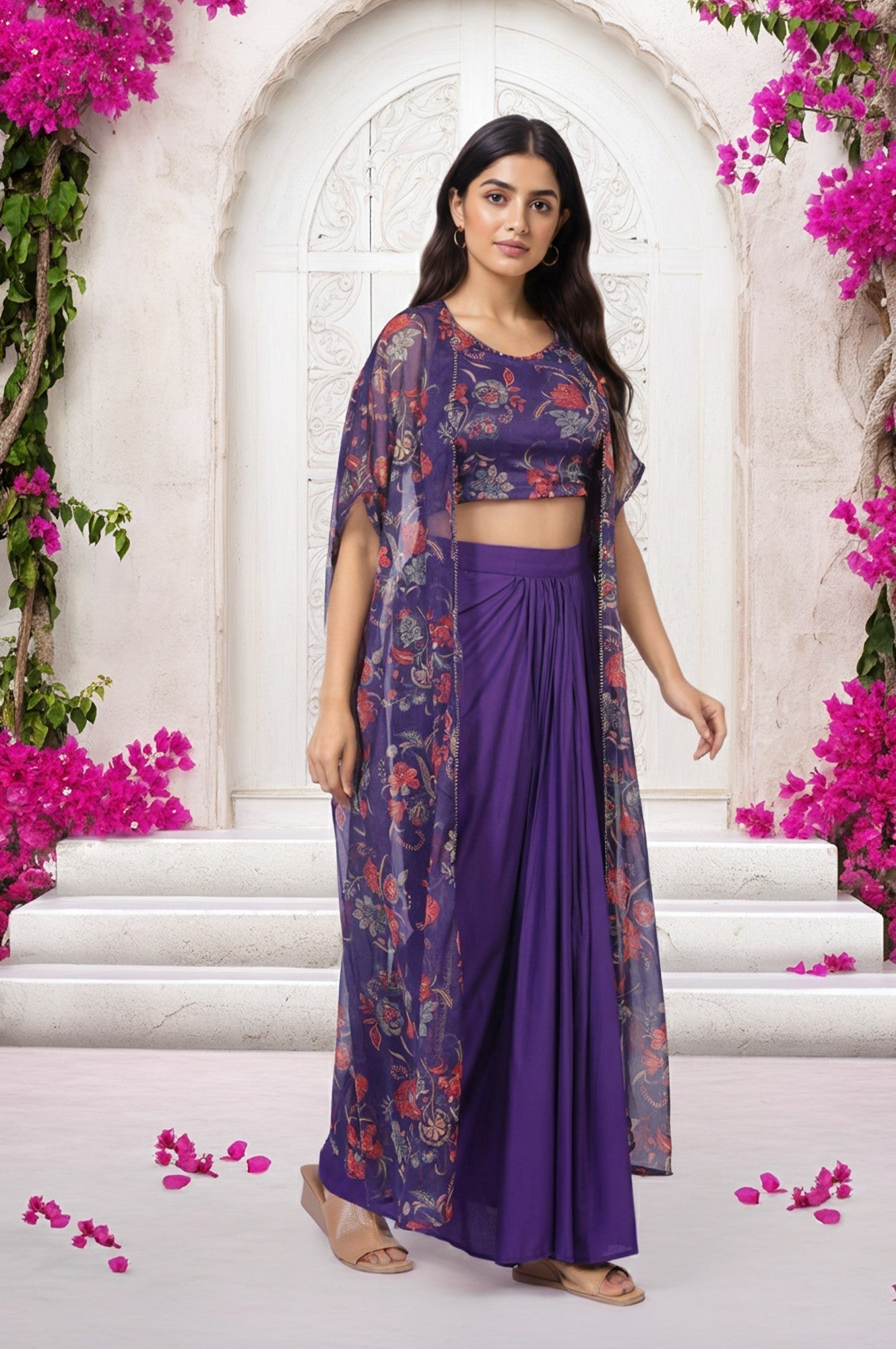 W for Woman Purple Floral Embellished Chiffon Crop Top with Cape and Skirt Set