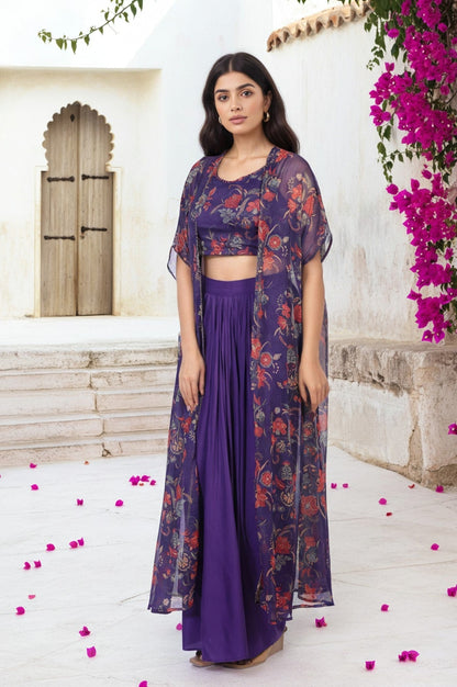 W for Woman Purple Floral Embellished Chiffon Crop Top with Cape and Skirt Set