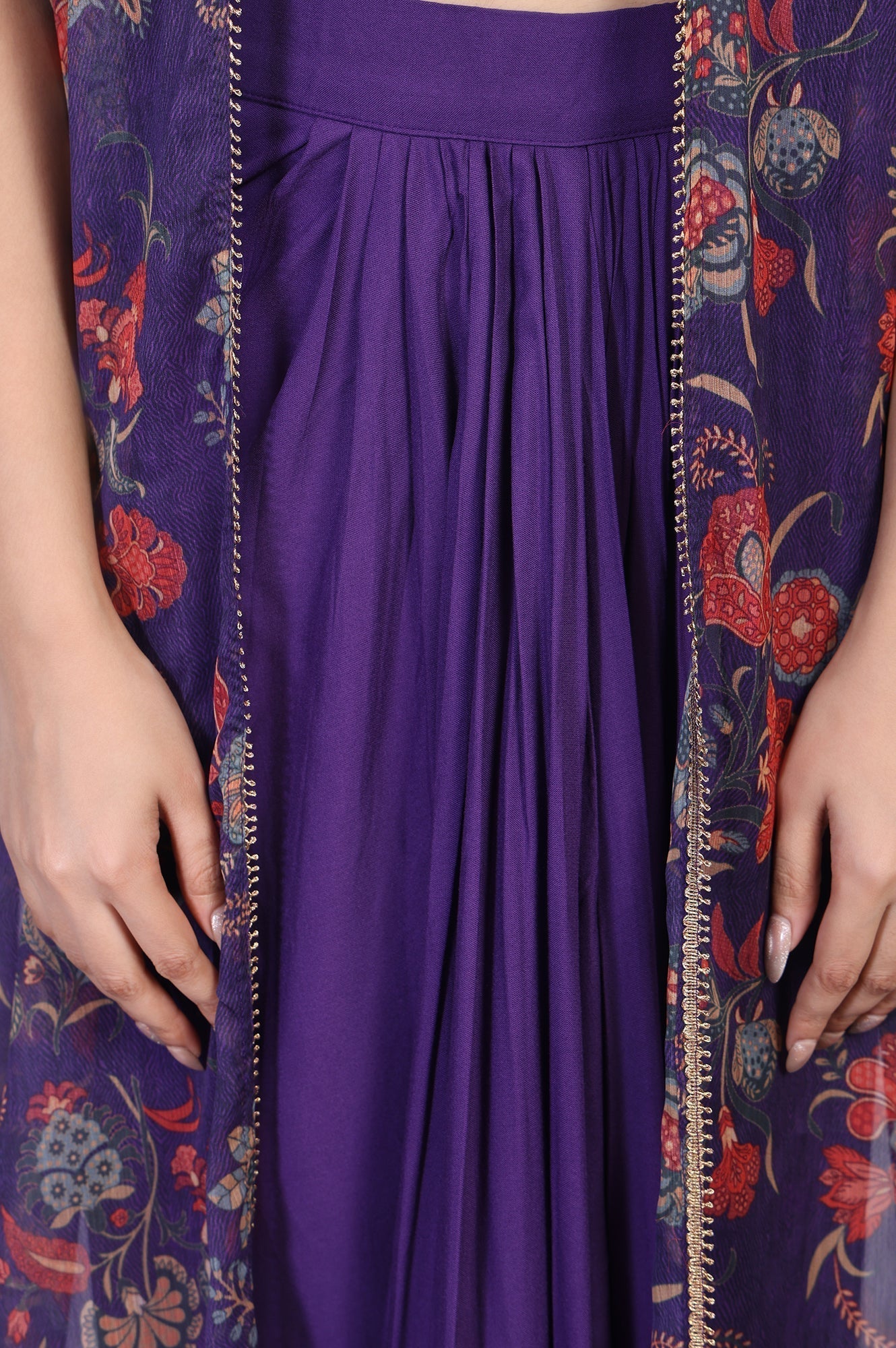 W for Woman Purple Floral Embellished Chiffon Crop Top with Cape and Skirt Set