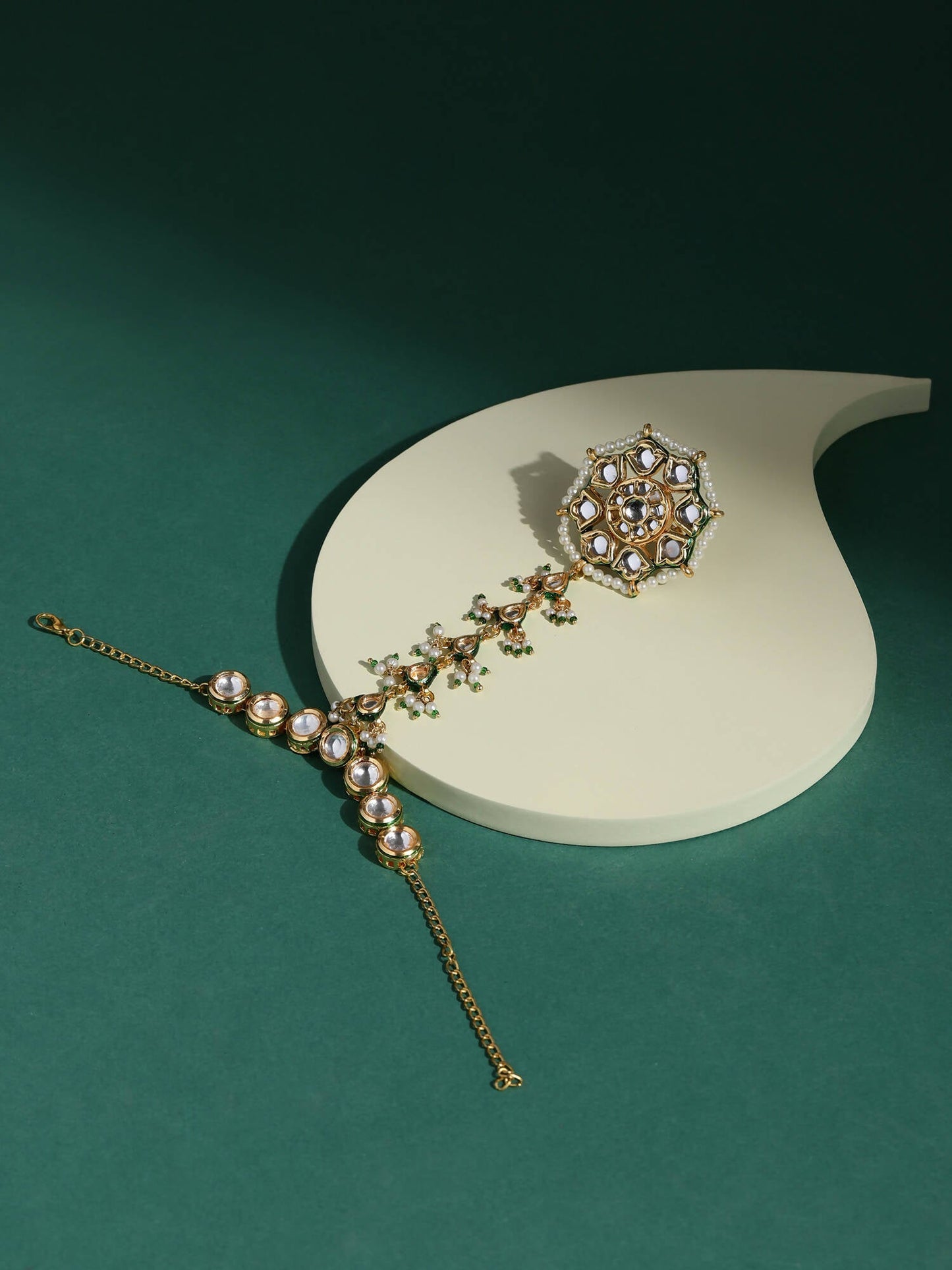 Women's Gold-Toned White Brass Kundan Gold-Polished Link Bracelet - Ruby Raang