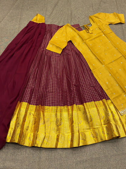 Teeya Creation New Maroon and Yellow Banarasi Silk Half Saree Lehenga Choli with Pleated Dupatta