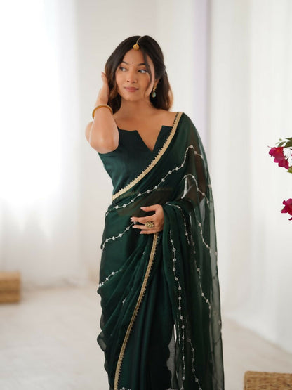 Green Sitara Chiffon Designer Beads Moti,Val Sequence Work Saree - Noorie