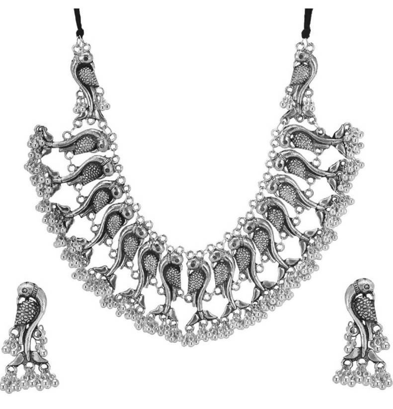 Mominos Fashion Parrot Design Silver Color Choker with Ghungru Necklace Set
