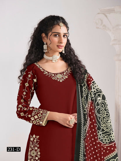 Anaita Red Roman Silk Stitched Suit with Embroidery & Real Mirror Work