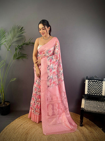 Joban Fashion Baby Pink Floral Motifs Banarasi Silk Sarees