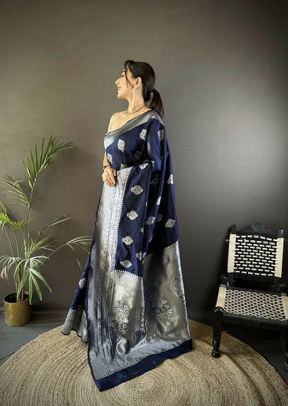 Joban Fashion Navy Blue Floral Motifs Soft Silk Banarasi Saree