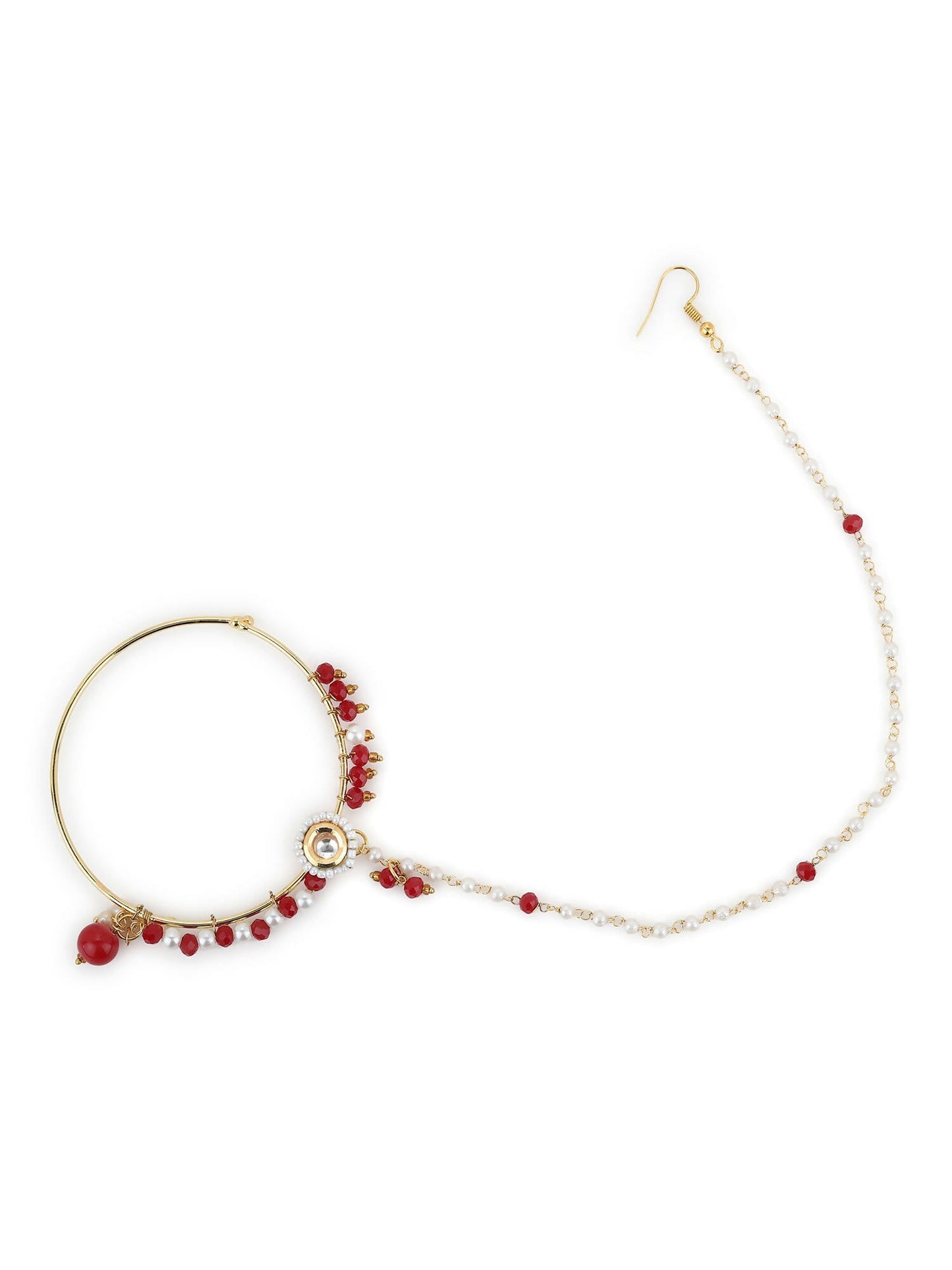 White Red Gold-Polished Kundan-Studded Beaded Nosepin - Ruby Raang