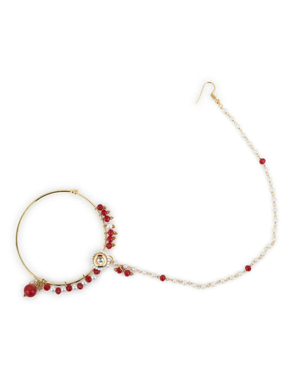 White Red Gold-Polished Kundan-Studded Beaded Nosepin - Ruby Raang