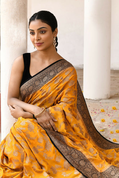 Joban Fashion Yellow Crepe Chiffon Pure Handloom Banarasi Silk Saree